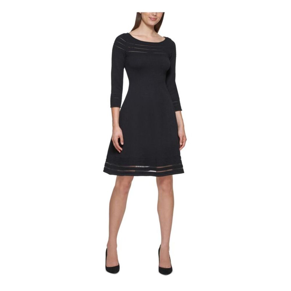 JESSICA HOWARD Womens Black Illusion Trim Pullover Sweater Dress Petites PM
